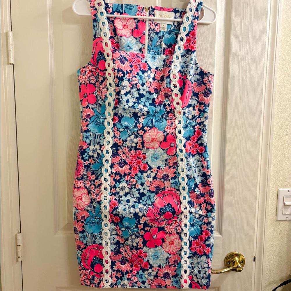Lilly Pulitzer Floral Sheath Dress with Lace Trim - Pink & Blue Size 4